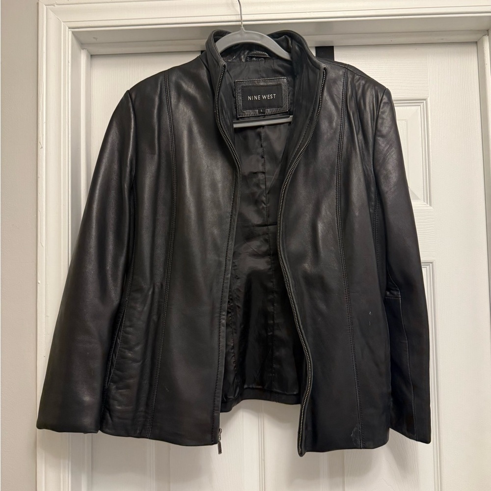 Nine West Womens Soft Black Leather Zip  Blazer Jacket Size Large Minimal Wear